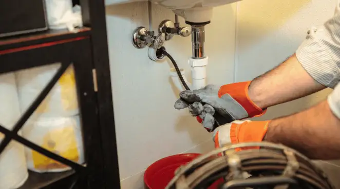 Drain cleaning technician using a motorized plumbing snake to clear a clogged sink pipe in Richmond, VA
