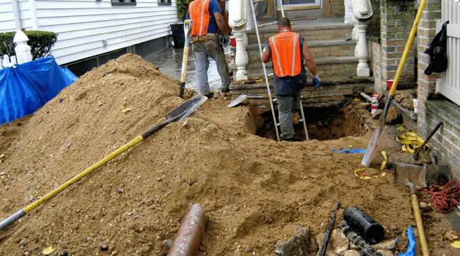 Contractors performing foundation protection and exterior drainage excavation near residential home steps in Richmond, VA
